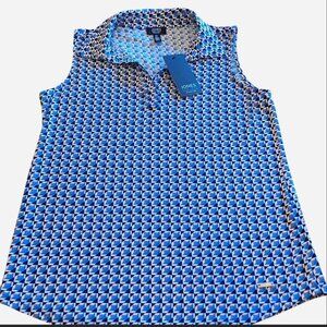 JONES NEW YORK women's blue geometric sleeveless shirt, size small.